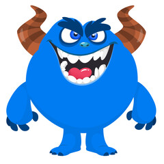 Cartoon cute monster with funny face expression waving hands. Halloween vector illustration 