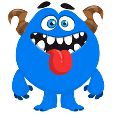 Cartoon cute monster with funny face expression waving hands. Halloween vector illustration 