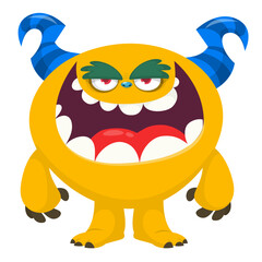 Cartoon cute monster with funny face expression waving hands. Halloween vector illustration 