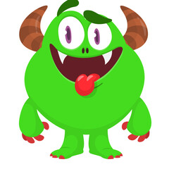 Cartoon cute monster with funny face expression waving hands. Halloween vector illustration 