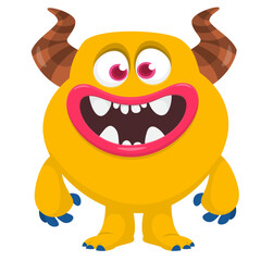 Cartoon cute monster with funny face expression waving hands. Halloween vector illustration 