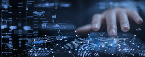 Data anlytics, AI and database management technology with global internet network connection....