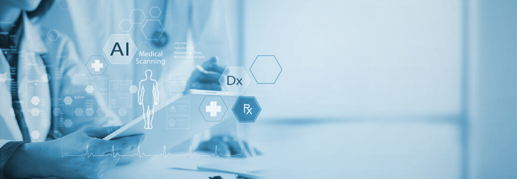 Medical scanning with AI technology for diagnosis, Doctor working with tablet computer, digital healthcare, health data analysis on virtual screen interface, innovation medical technology background - Powered by Adobe