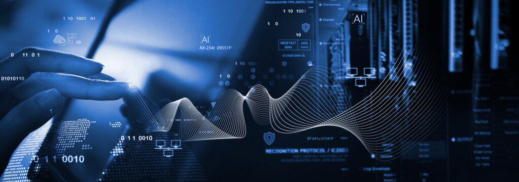 Data science and engineering, digital technology, futuristic tech background. Software engineer working with database and big data analytics, cloud computing with AI and data exchange