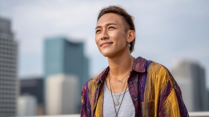 Confident transgender person standing on rooftop with city skyline background pride and identity