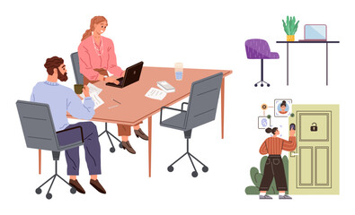 Colleagues collaborating at a table with devices, a modern workspace setup, and a person accessing a locked door. Ideal for teamwork, office life, productivity, security, access control, remote work