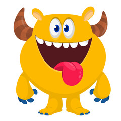 Cartoon cute monster with funny face expression waving hands. Halloween vector illustration 