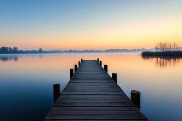 Fototapeta premium Scenic wooden pier leading into calm lake at sunrise with soft morning mist. Peaceful and tranquil landscape symbolizing serenity, mindfulness and harmony with nature.