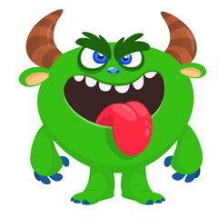 Cartoon cute monster with funny face expression waving hands. Halloween vector illustration 