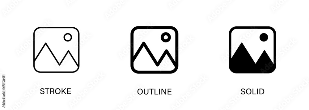 Poster image icons with editable stroke, outline and solid styles. vector icons for ui design, photo, art a