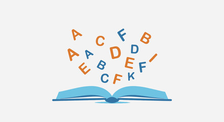 Open book with flying letters illustration ideal for educational content, literacy campaigns, language learning resources, or children's literature promotion