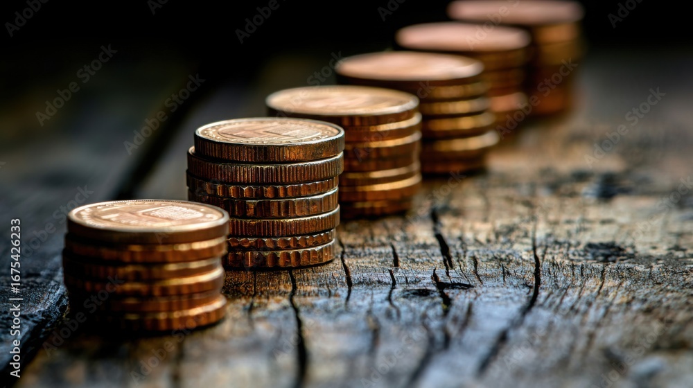 Poster a neatly stacked arrangement of coins symbolizing adaptive pricing strategies in finance and busines