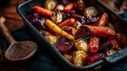Fototapeta premium Cozy scene with oven-roasted root vegetables in charcoal enamelware, rustic spoon, top-down