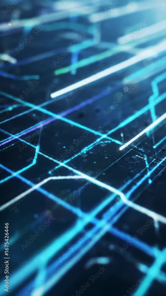 Poster extreme macro video of vibrant light pulses streaming along glowing circuit pathways on an obsidian 