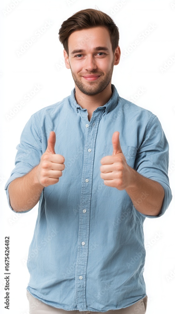 Poster man showing thumbs up and smiling confident and positive gesture on white background
