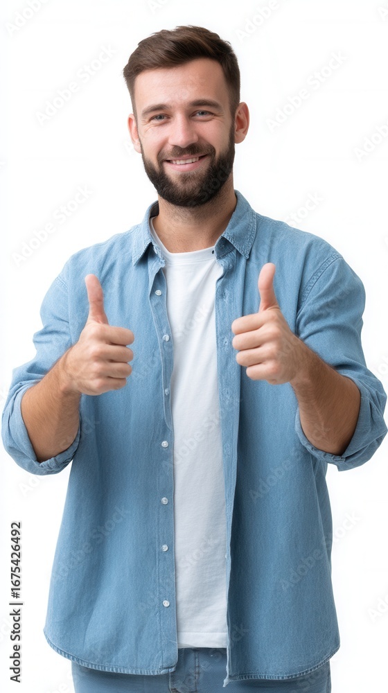 Poster man showing thumbs up and smiling confident and positive gesture on white background