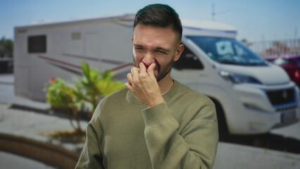 Young hispanic man outdoors pinching nose on street due to bad smell near rv urban area sunny day...