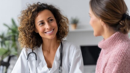 Doctor in white coat talking to patient in clinic medical care and empathy 