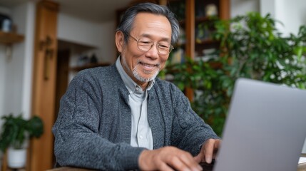 Elderly Asian man learning language through virtual tutor on laptop with smile 