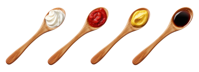 Four wooden spoons containing various colorful sauces - sour cream, red tomato, yellow mustard and dark soy sauce condiments, isolated on transparent background