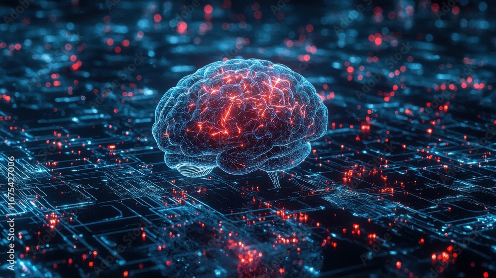 Poster stunning visual of a brain on a circuit board symbolizing ai-driven healthcare solutions transformin