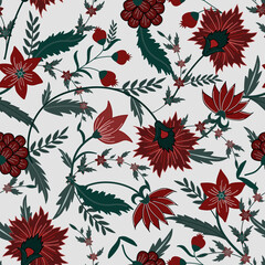 Jacobean Print Pattern Seamless ,Floral seamless pattern ,Dark red flowers Vector clipart. Seamless pattern with stylized exotic flowers, climbing plants. Fashion floral wallpaper, background. Asian 