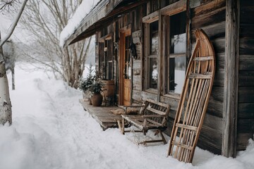 Rustic wooden cabin surrounded by snow with vintage wooden sled leaning on porch. Cozy winter lifestyle scene symbolizing mountain living, nostalgia and seasonal charm.