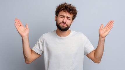 Man with arms raised in surrender or apology facial expression of regret isolated 