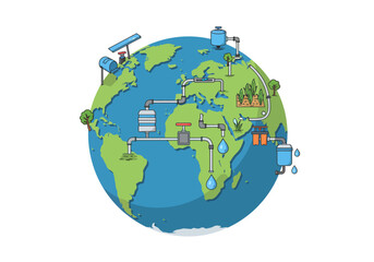 Naklejka premium Global Water System Illustration with Pipes and Reservoirs.
