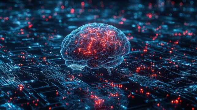 Stunning visual of a brain on a circuit board symbolizing ai-driven healthcare solutions transforming america?s medical field
