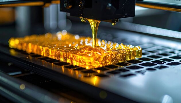 3D Printer Printing a Yellow Resin Object  Technology Closeup.