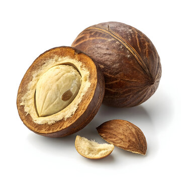 Single dried mongongo nut isolated on white background, showcasing its hard shell, earthy tone,