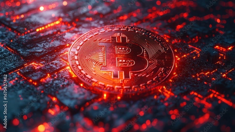 Poster close-up of a bitcoin coin on a simple background representing the concept of digital currency and m