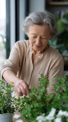 Elderly woman tending plants in living room indoor gardening hobby 