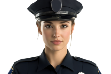 Realistic portrait showcasing a female police officer in uniform against a neutral background capturing confidence and professionalism