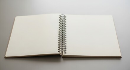 Blank open notebook with spiral binding on neutral gray background, ready for your ideas
