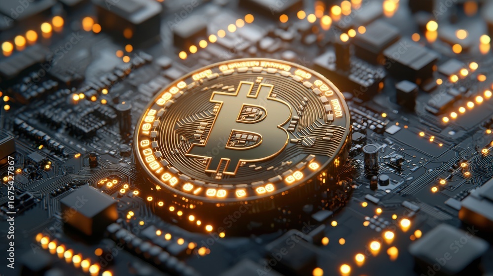 Poster bitcoin resting on a circuit board representing the integration of cryptocurrency in modern technolo