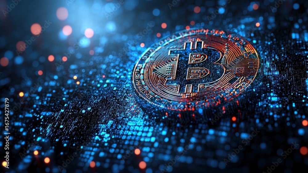 Poster bitcoin on a dark background symbolizing the intricacies of cryptocurrency transactions and modern f