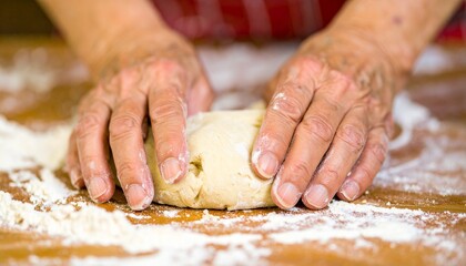 Elderly hands kneading dough on a wooden surface, preparing for baking.