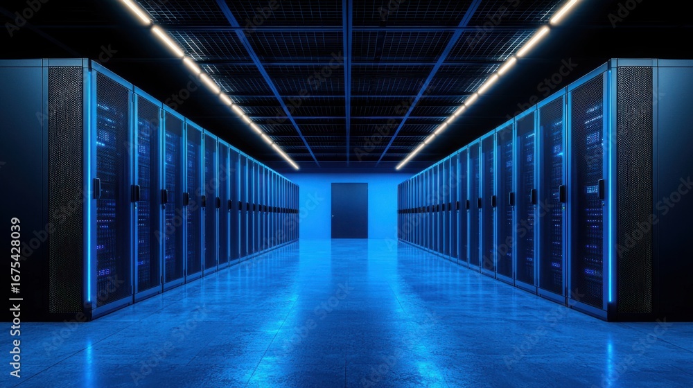 Poster modern server room featuring cutting-edge equipment for ai-powered data-intensive automation and pro