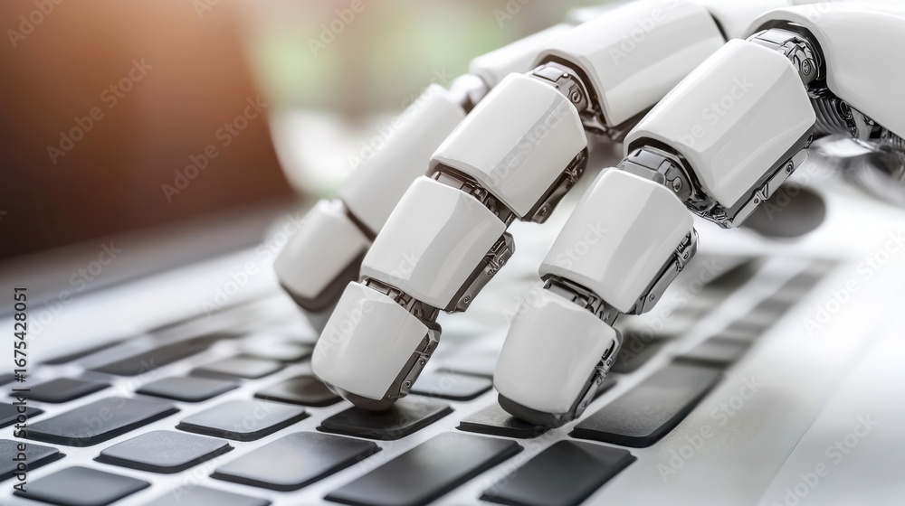 Poster advanced robot typing on a laptop showcasing ai-powered data-intensive automation capabilities and t