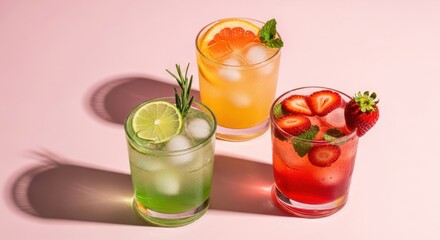 Fototapeta premium Three colorful summer cocktails with fresh fruit and mint, perfect for a hot day