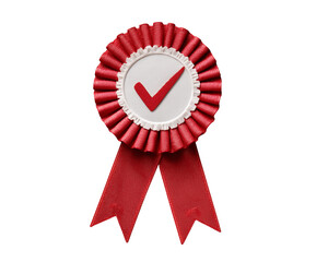 Red Ribbon Award Badge with Check Mark, Winner Rosette Emblem
