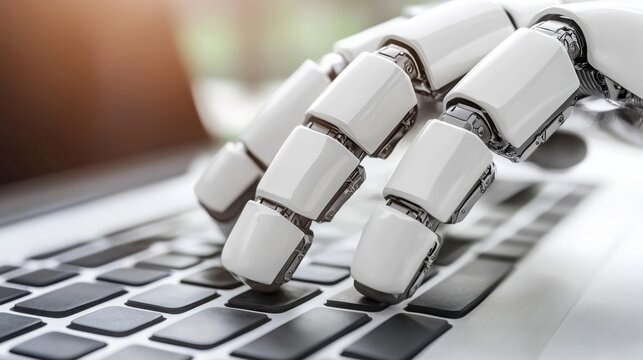 Advanced robot typing on a laptop showcasing ai-powered data-intensive automation capabilities and technologies