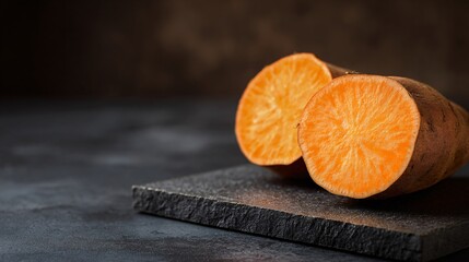 Minimalist photo of one sweet potato cut in half on charcoal square tile, negative space framing