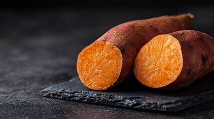 Minimalist photo of one sweet potato cut in half on charcoal square tile, negative space framing