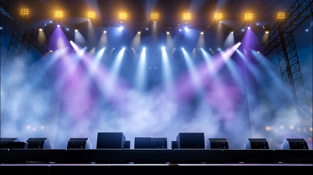 Misty stage draped in before spotlights, dramatic lighting building suspenseful mood colorful theatrical performance begins video 4k