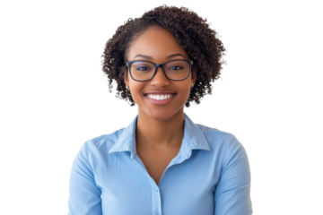 Young professional woman smiling confidently against a white background, illustrating positivity and approachability in a casual business environment