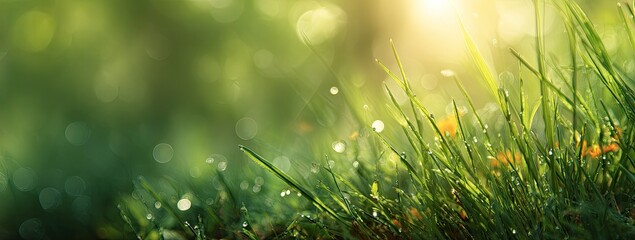 Dew-kissed grass blades in sunlight, vibrant green hues, soft bokeh background