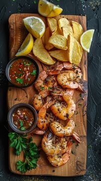 Grilled Shrimp and Potato Chips with Dipping Sauces